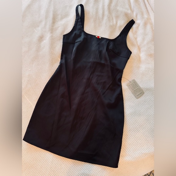 ASTR The Label Coquette Rose Sleek Black Satin Mini Dress - Picture 6 of 14